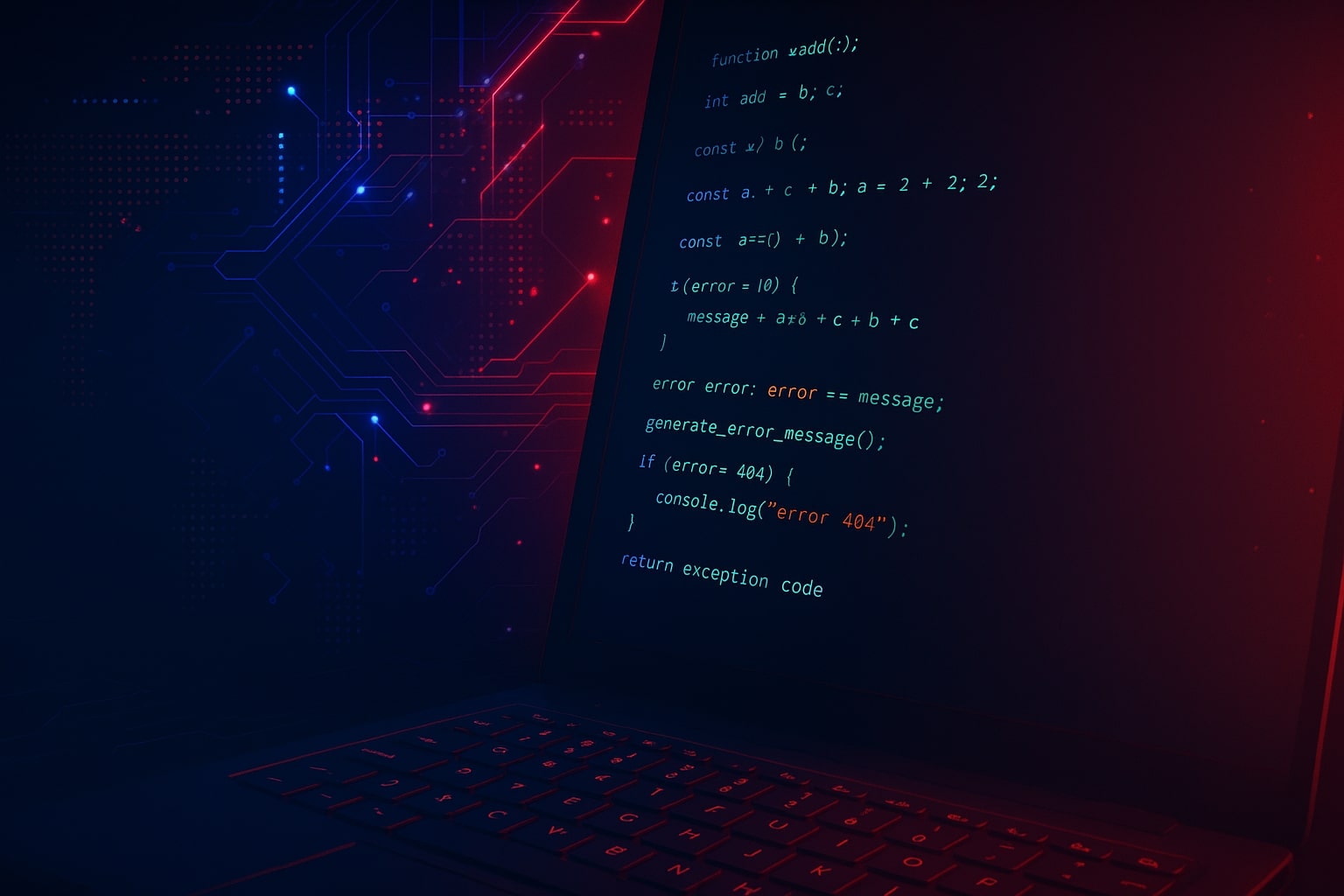 Cyberpunk developer workspace with JavaScript code, futuristic circuits, and neon blue-red lighting - Dominique Kanga portfolio background